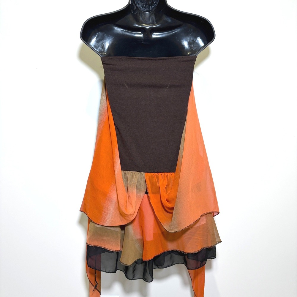 Vintage Tube Top Mesh Overlay Fairycore Ruffle Hem Small Brown Orange